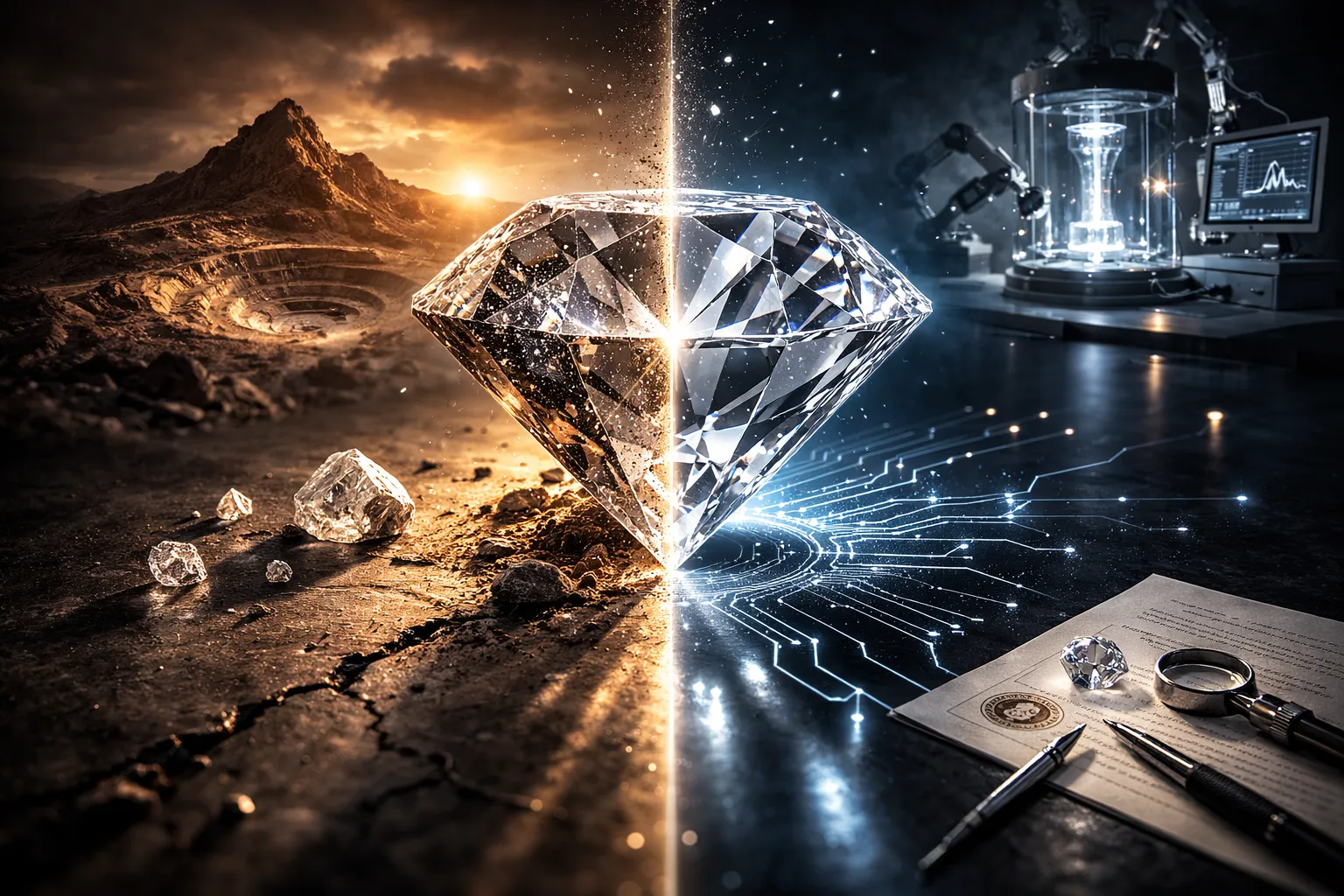 Natural diamond vs lab-grown diamond comparison illustration